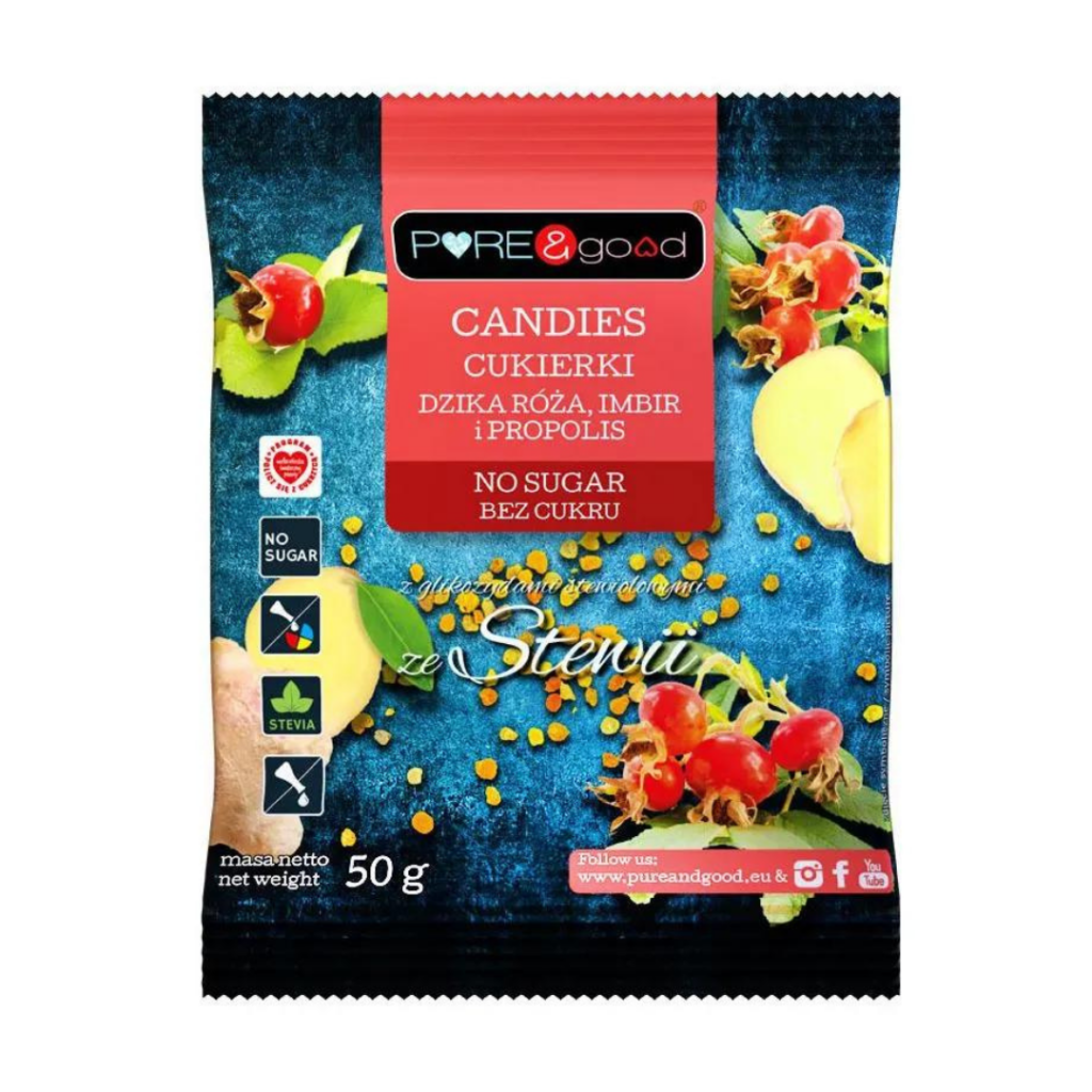3599.png Pure&Good Cukierki z dziką różą, imbirem i propolisem bez cukru 50g
